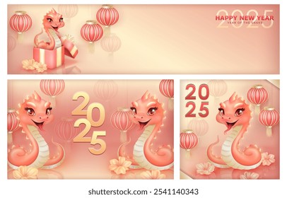 Conjunto de Banners com cobra de desenho animado 3D rosa fofo saindo de uma caixa de presente com lanternas chinesas festivas e flores de flor de ameixa, comemorando o Ano Lunar 2025 da Cobra em um fundo rosa suave