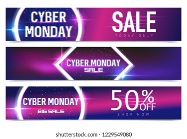 Set of Banners for cyber Monday sale with neon and glitch effects. Cyber Monday, online shopping and marketing templates. Poster design. Vector illustration.