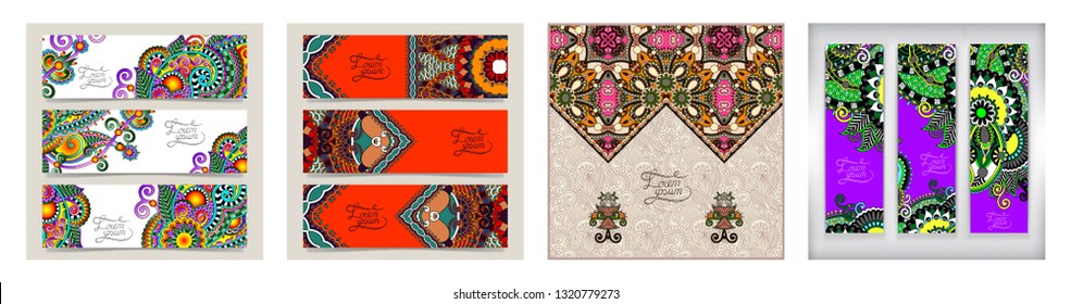 Set of banners with decorative ornamental flowers, floral pattern in oriental kalamkari style, paisley background, vector illustration