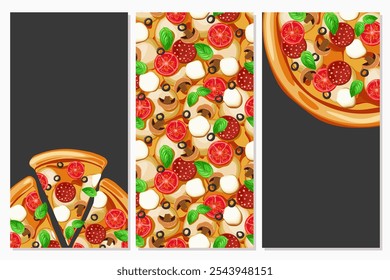 um conjunto de banners com deliciosa pizza italiana com pepperoni, tomates, cogumelos, mozzarella e manjericão em fundo preto.Ilustração vetor para o seu design