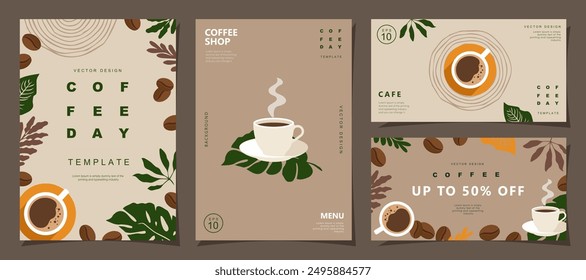 Conjunto de diseño de Anuncios con granos de café y hojas sobre fondo mínimo para invitaciones, tarjetas, Anuncio, póster, portada, menú de cafetería u otra Plantilla. Ilustración vectorial.