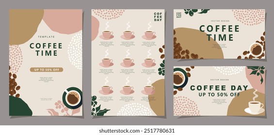 Set of banners design with coffee beans and leaves on minimal background for invitations, cards, banner, poster, cover, cafe menu or another template. Vector illustration.