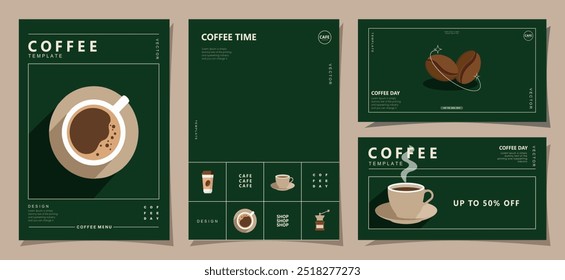 Set of banners design with coffee beans and coffee mug on minimal background for invitations, cards, banner, poster, cover, cafe menu or another template. Vector illustration.