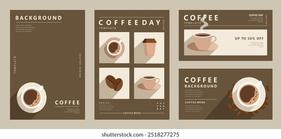 Set von Bannern Design mit Kaffeebohnen und Kaffeebecher auf minimalem Hintergrund für Einladungen, Karten, Banner, Poster, Cover, Café-Menü oder eine andere Vorlage. Vektorgrafik.