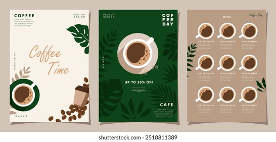 Set von Bannern Design mit Kaffeebohnen und Blätter auf minimalem Hintergrund für Promotionen, Karten, Banner, Poster, Cover, Café-Menü oder eine andere Vorlage. Vektorgrafik.