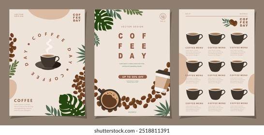 Conjunto de banners design com grãos de café e folhas em fundo mínimo para promoções, cartões, banner, cartaz, capa, menu café ou outro modelo. Ilustração vetorial.