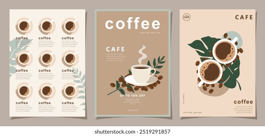 Conjunto de diseño de Anuncios con granos de café y hojas sobre fondo mínimo para promociones, tarjetas, Anuncio, póster, portada, menú de cafetería u otra Plantilla. Ilustración vectorial.