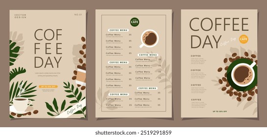 Set of banners design with coffee beans and leaves on minimal background for promotions, cards, banner, poster, cover, cafe menu or another template. Vector illustration.