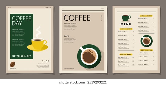 Conjunto de diseño de Anuncios con granos de café y taza de café sobre fondo mínimo para invitaciones, tarjetas, Anuncio, póster, portada, menú de cafetería u otra Plantilla. Ilustración vectorial.