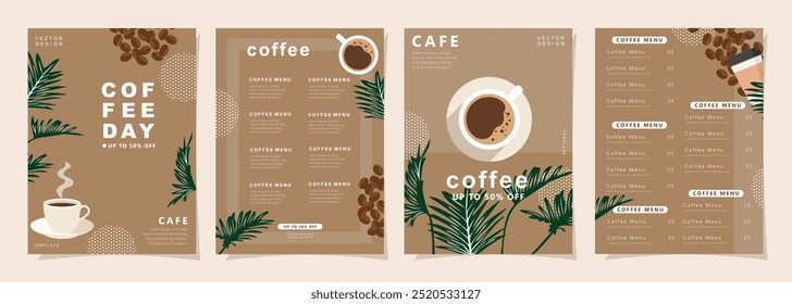 Set of banners design with coffee beans and leaves on minimal background for invitations, cards, banner, poster, cover, cafe menu or another template. Vector illustration.