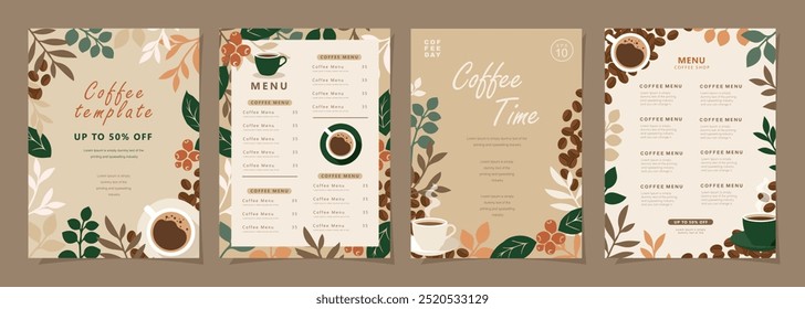 Set von Bannern Design mit Kaffeebohnen und Blätter auf minimalem Hintergrund für Einladungen, Karten, Banner, Poster, Cover, Café-Menü oder eine andere Vorlage. Vektorgrafik.