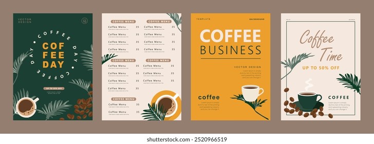 Set of banners design with coffee beans, mug and leaves on minimal background for invitations, cards, banner, poster, cover, cafe menu or another template. Vector illustration.