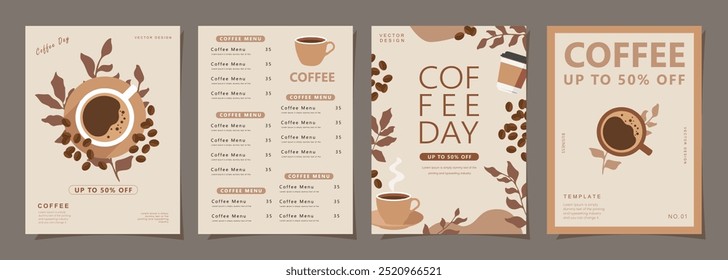 Set of banners design with coffee beans, mug and leaves on minimal background for invitations, cards, banner, poster, cover, cafe menu or another template. Vector illustration.