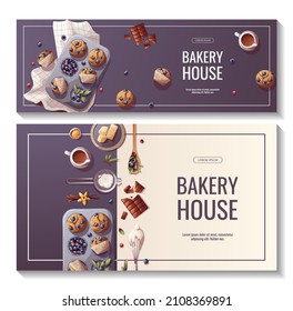 Banner-Design mit Muffins und Utensilien für Backen, Bäckerei, Kochen, Süßwaren, Dessert, Gebäck. Vektorgrafik für Poster, Banner, Cover, Flyer, Menü, Verkauf, Werbung.