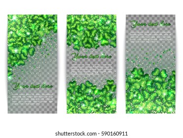 A set of banners for the design on St. Patrick's Day on a transparent backdrop. Glitter background with light effect and clover pattern.

