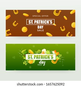 Juego de banners para el Día de San Patricio. Sombrero verde, monedas de suerte y símbolos de Irlanda con texto de saludo.