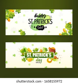 Set of banners designs for St. Patrick's Day. Green shamrock, lucky coins and symbols of Ireland with greeting text.