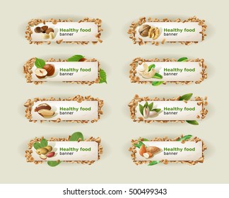Set banners with different kinds of nuts.