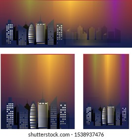 
Set of banners of different sizes with the image of the night city. Megalopolis at sunset. Banners for the design of social networks and web pages