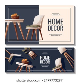 Conjunto de Anuncios con mesa de comedor y sillas, lámpara de pie, planta de casa. Interior del hogar, muebles, comedor, cocina, concepto de café. Ilustración vectorial para Anuncio, publicidad, promoción.