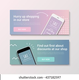 Set of banners with discount promotions. Illustration with phone discounts. Banners bedding colors. 