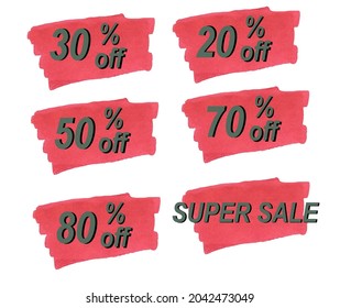 Set of banners for discounts. Red tags background. Gray green letters, numerals and signs.