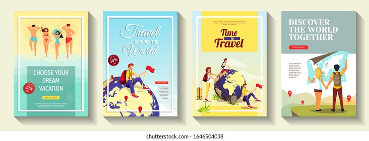 Set of banners for discovery, World Tourism Day, travel agency. Family with globe, couple with map and people sunbathing on a beach. Vector illustration for poster, card, commercial, advertisement.