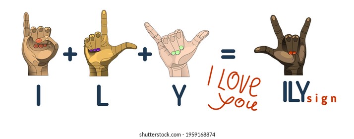 Set of banners of diversity hands with different skin colors indicating the fingers in the American sign language abbreviation ILY I LOVE YOU, in the form of an addition formula on a white background