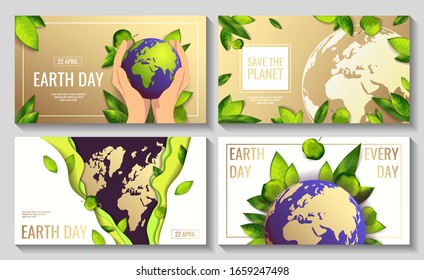 Set of banners for Earth Day, World Environment Day with globe and fresh green leaves. Ecology, environment safety concept. Vector illustrations for posters, banners, cards, covers, flyers.