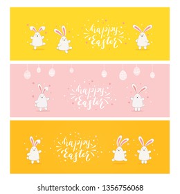 Set of banners with Easter rabbits and eggs. Lettering Happy Easter with hearts and stars on orange, yellow and pink background, illustration.
