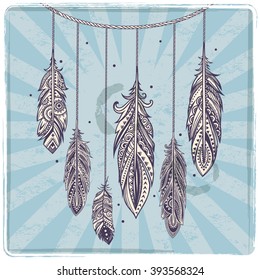 Set of banners with Ehnic feathers can be used as a greeting card or for your business