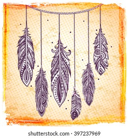 Set of banners with Ehtnic feathers can be used as a greeting card or for your business