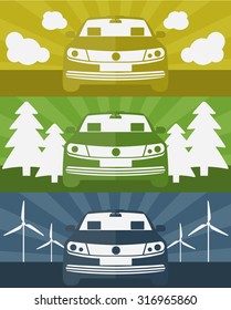 Set of banners with an electric car using clean energy vector illustration
