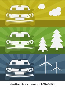 Set of banners with an electric car using clean energy vector illustration