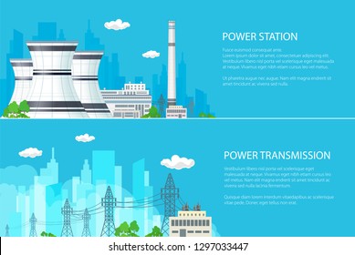 Set of Banners with Electric Power Transmission ,High Voltage Power Lines Supplies Electricity to the City and Nuclear Plant on a Blue Background , Vector Illustration