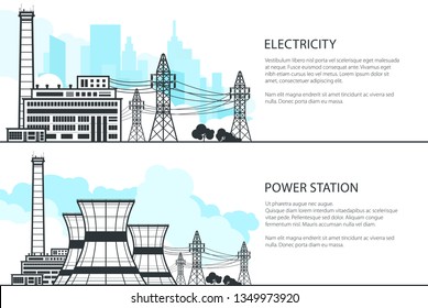 Set of Banners with Electric Power Transmission, Nuclear Reactor and Power Lines, Vector Illustration