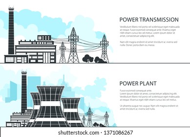 Set of Banners with Electric Power Transmission, Nuclear Reactors and High Voltage Power Lines Supplies Electricity to City, Vector Illustration