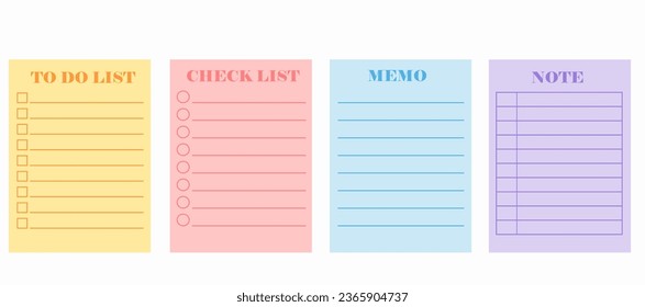 Set of banners and elements.Template for notebook.Checklist and To Do list.Stickers for note.Paper sheets.Schedule and table.Blank space planner pages bullet journal.Memo and page.Vector illustration.