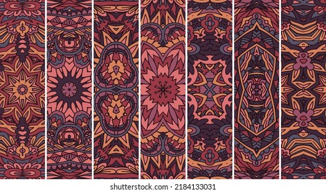 Set of banners. Ethnic boho geometric psychedelic colorful print with doodle Vector seamless pattern Bohemian style mandala bookmark