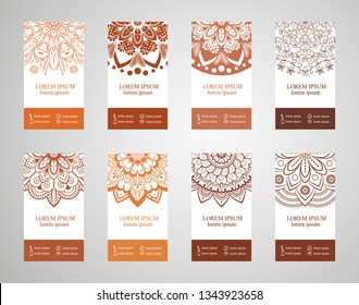 Set of banners with ethnic ornaments and patterns of the mandala. Vector decorative card or invitation design. Islam, Arabic, Indian, Turkish. Antiques, paintings, jewelry. Easy to use and edit