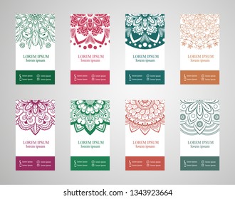 Set of banners with ethnic ornaments and patterns of the mandala. Vector decorative card or invitation design. Islam, Arabic, Indian, Turkish. Antiques, paintings, jewelry. Easy to use and edit