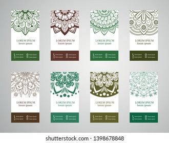 Set of banners with ethnic ornaments and patterns of the mandala. Vector decorative card or invitation design. Islam, Arabic, Indian, Turkish. Antiques, paintings, jewelry. Easy to use and edit