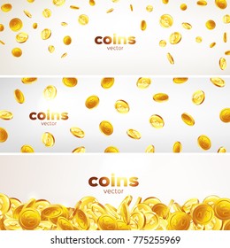 Set banners. Falling gold coins in different positions illustration, color background. Vector illustration, 3d