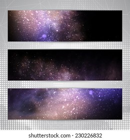 Set of banners with falling sparkles lighting effect and pink and lilac light flashes.
