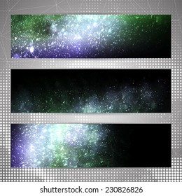 Set of banners with falling sparkles lighting effect on green and violet light flashes and black background.