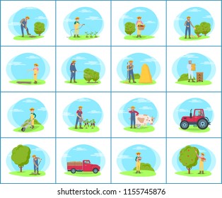 Set of banners with farmer working on farm in cartoon style. Man and woman in uniform watering plants, digging ground and sowing seeds, picking fruit