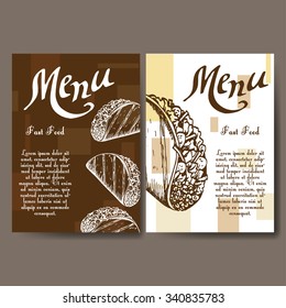 Set of banners of fast food design. Cards with sketch taco. Template menu with place for text for cafe