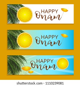 Set of banners for the festival Onam. Vector illustration, palm branches, orange and sun umbrella on a color background.