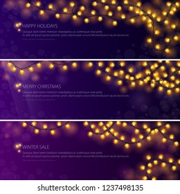 Set of banners with festive yellow glowing garlands, Christmas decorations, Vector Illustration