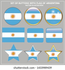 Set banners with flag of Argentina. Colorful buttons with flag for web design. Bright stickers grey  background.